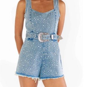 Show Me Your Mumu Denim SPEARS Rhinestone Romper - M